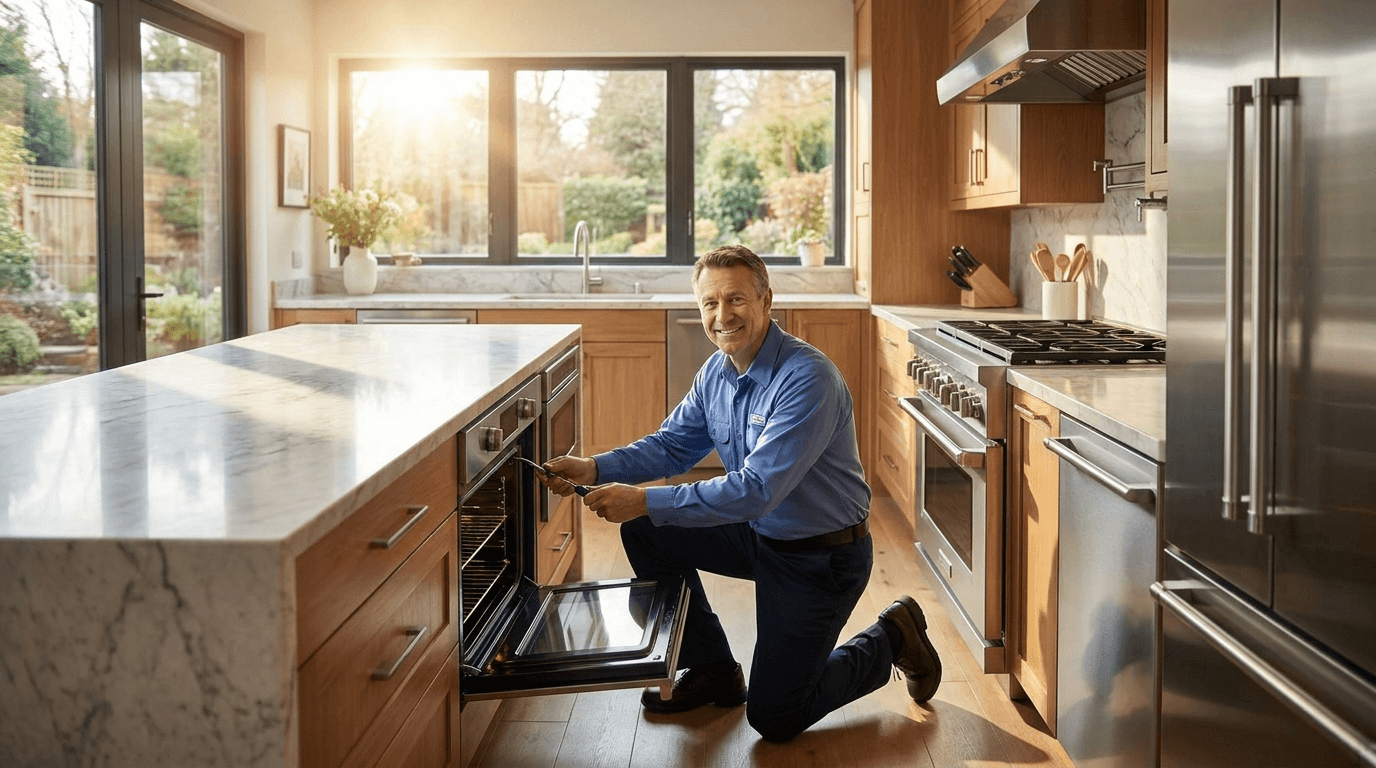 Technician repairing a high-end wall oven in a McLean, VA home