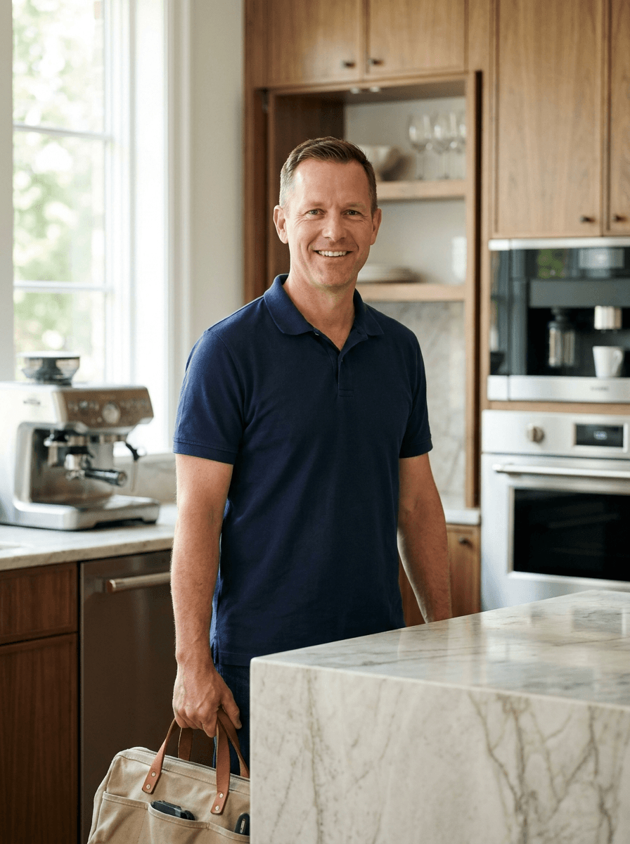 Commonwealth specialist technician arriving at a Northern Virginia luxury kitchen with his toolbag