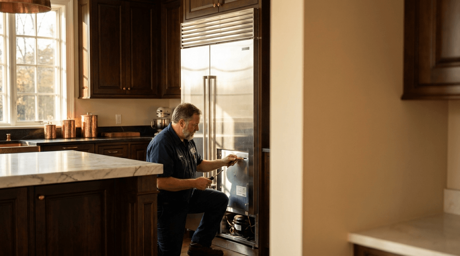 Commonwealth specialist repairing a built-in Sub-Zero refrigerator in a Northern Virginia kitchen
